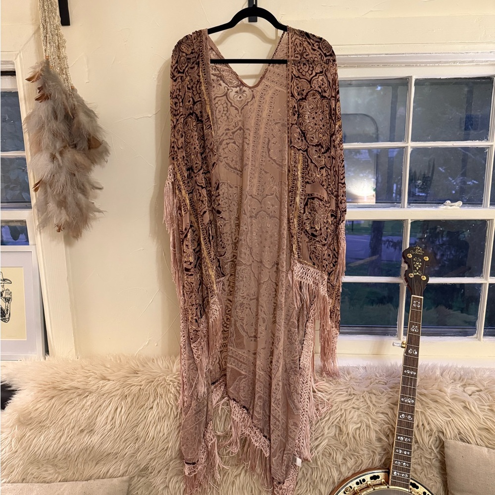 Bohemian Pink and Brown Fringe Kimono